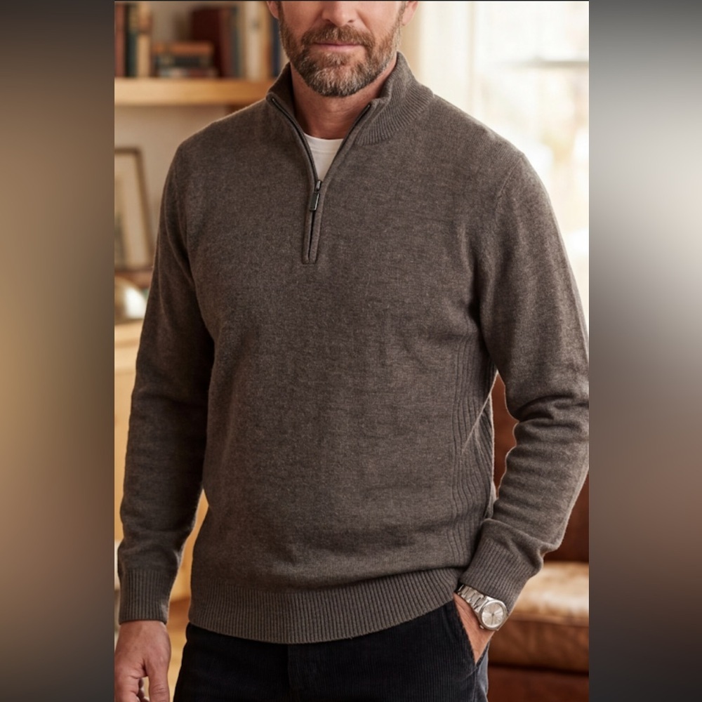 Oscar de la Renta Men's Zip-Neck Sweater in Taupe Brown Size Large